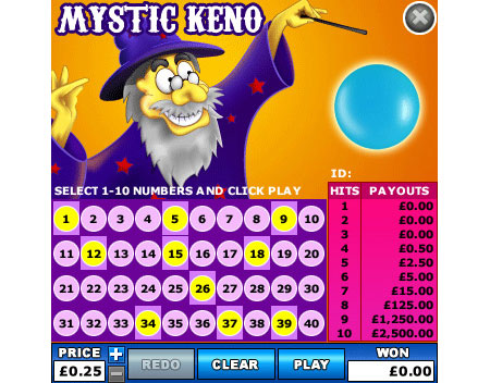 jackpot liner mystic keno online instant win game